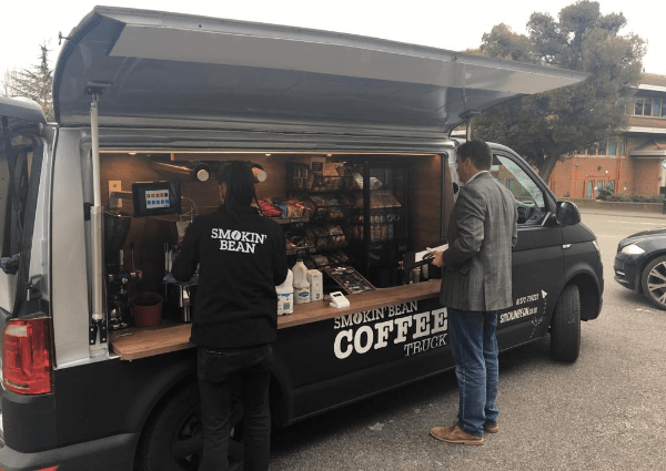 Image of the Smokin Bean coffee van with Jules and Halcyon Director James Sheppard