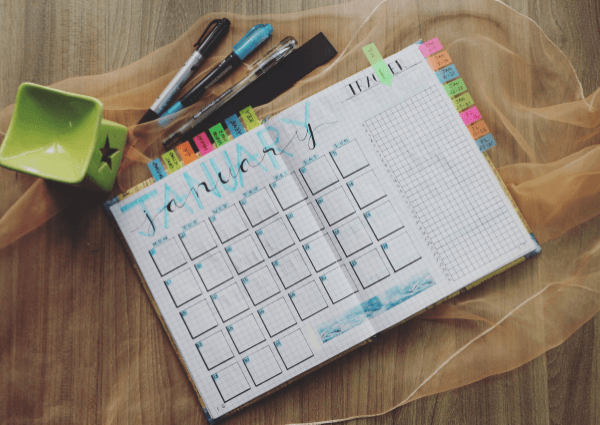 A picture of a business calendar planning ahead for 2020