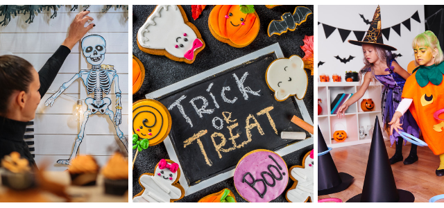Images showing celebrating Halloween at home with kids games and decorations