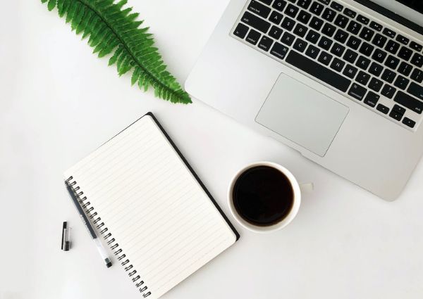 Picture of a workspace desk with a green plant, a laptop, notepad and cup of coffee.