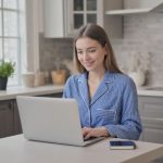A business woman working on her laptop in her kitchen wearing blue pyjamas