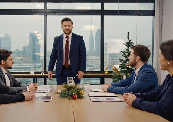 A business man having a meeting with his team around a board table in the office.