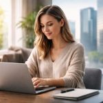 A woman working on her computer in her home office with a split screen showing a city skyline