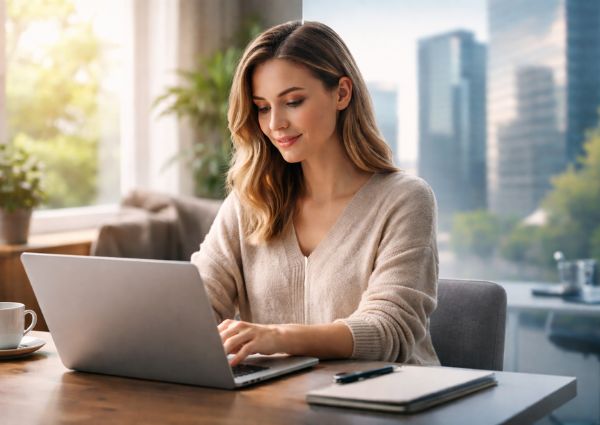 A woman working on her computer in her home office with a split screen showing a city skyline