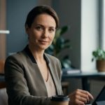 A business woman sitting at her desk working on a laptop