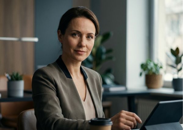 A business woman sitting at her desk working on a laptop